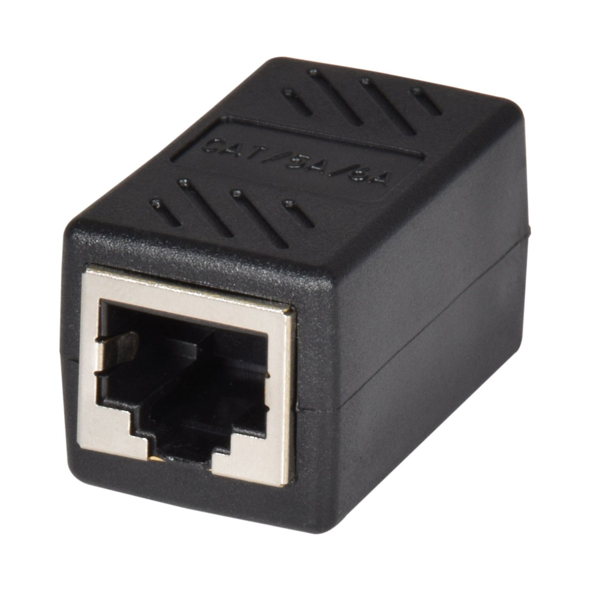 AV:Link Cat6 RJ45 inline coupler by AVSL, a compact black female-to-female adapter with nickel-plated 8P8C port, shown on a white background.