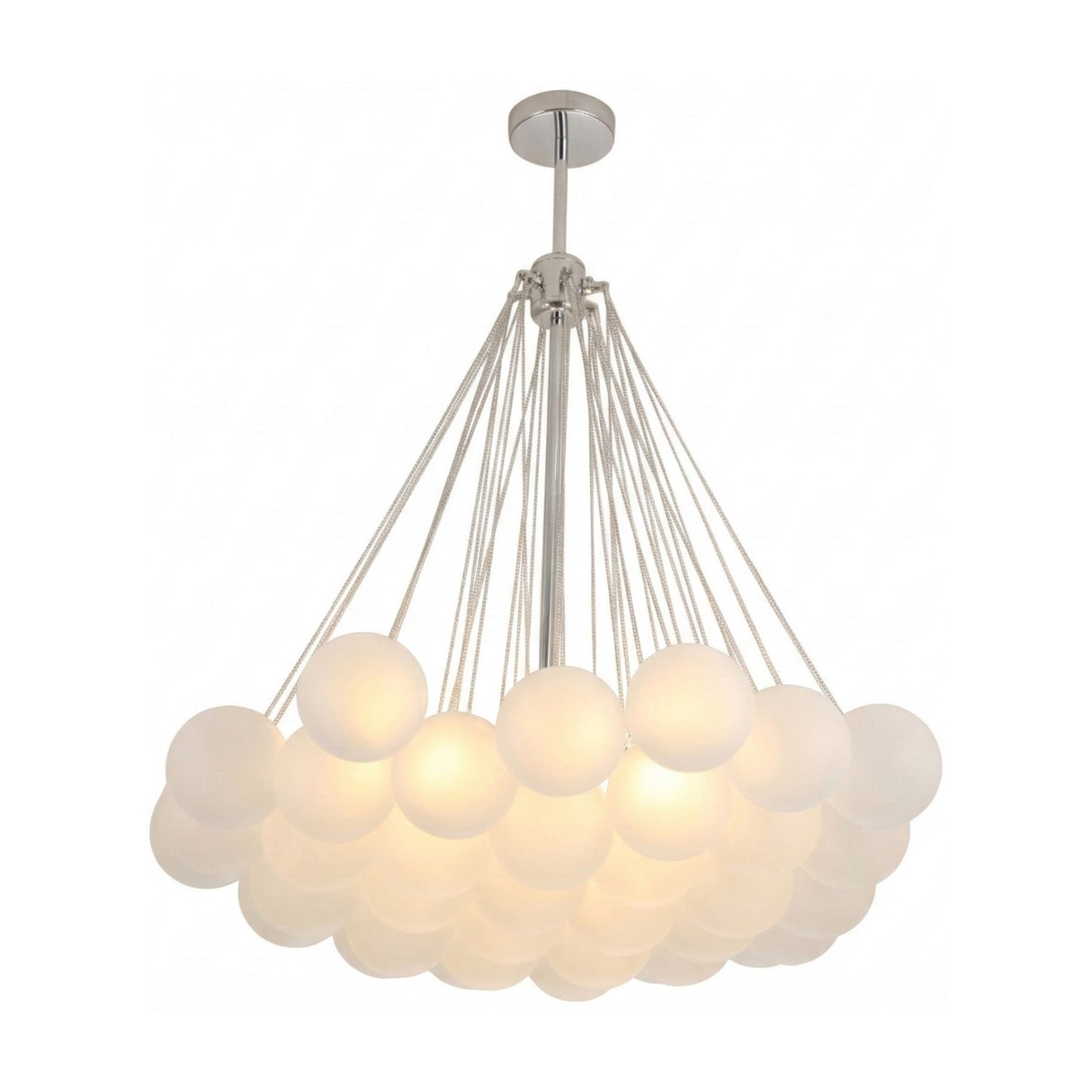The Orb 37 Light Cluster Suspension - Silver features multiple frosted glass spheres grouped together, hanging from a central silver fixture. The globes emit a soft, warm glow, adding a modern touch to any space.