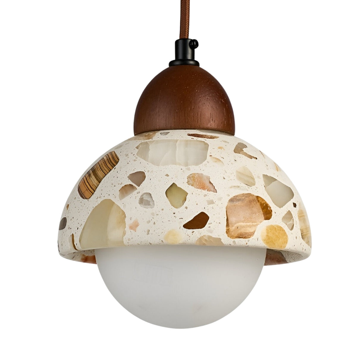 The Terroso 1 Light Dome Travertine Single Pendant Light in Walnut Brown & Light Beige features a terrazzo-patterned dome, wooden accent, frosted glass globe shade, and brown cord for a modern look.