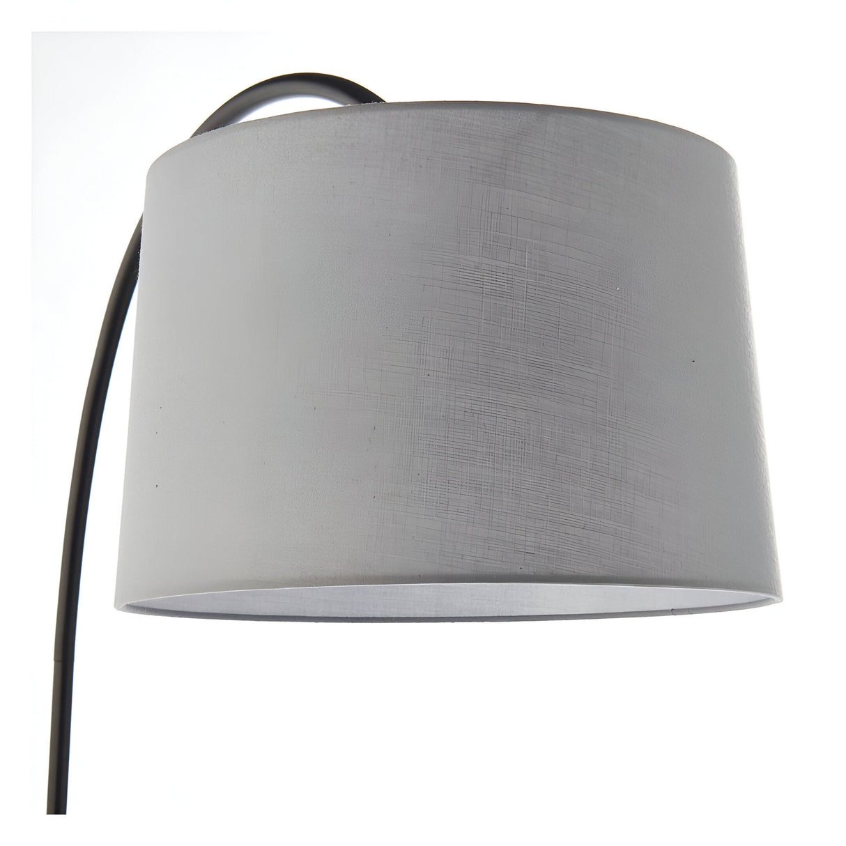 Close-up of the Endon Bevbourne floor lamp's tilting light grey fabric shade and matt black arched arm against a white background.