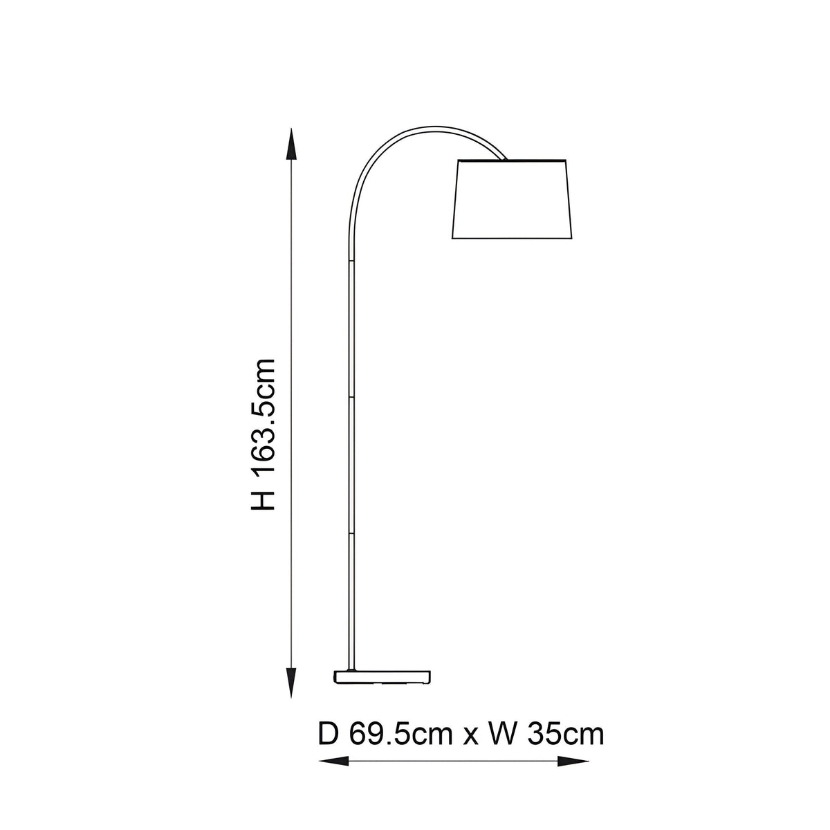 Endon Bevbourne floor lamp dimension diagram showing 163.5cm height and 69.5cm x 35cm base, with arched stem and tilting tapered shade.