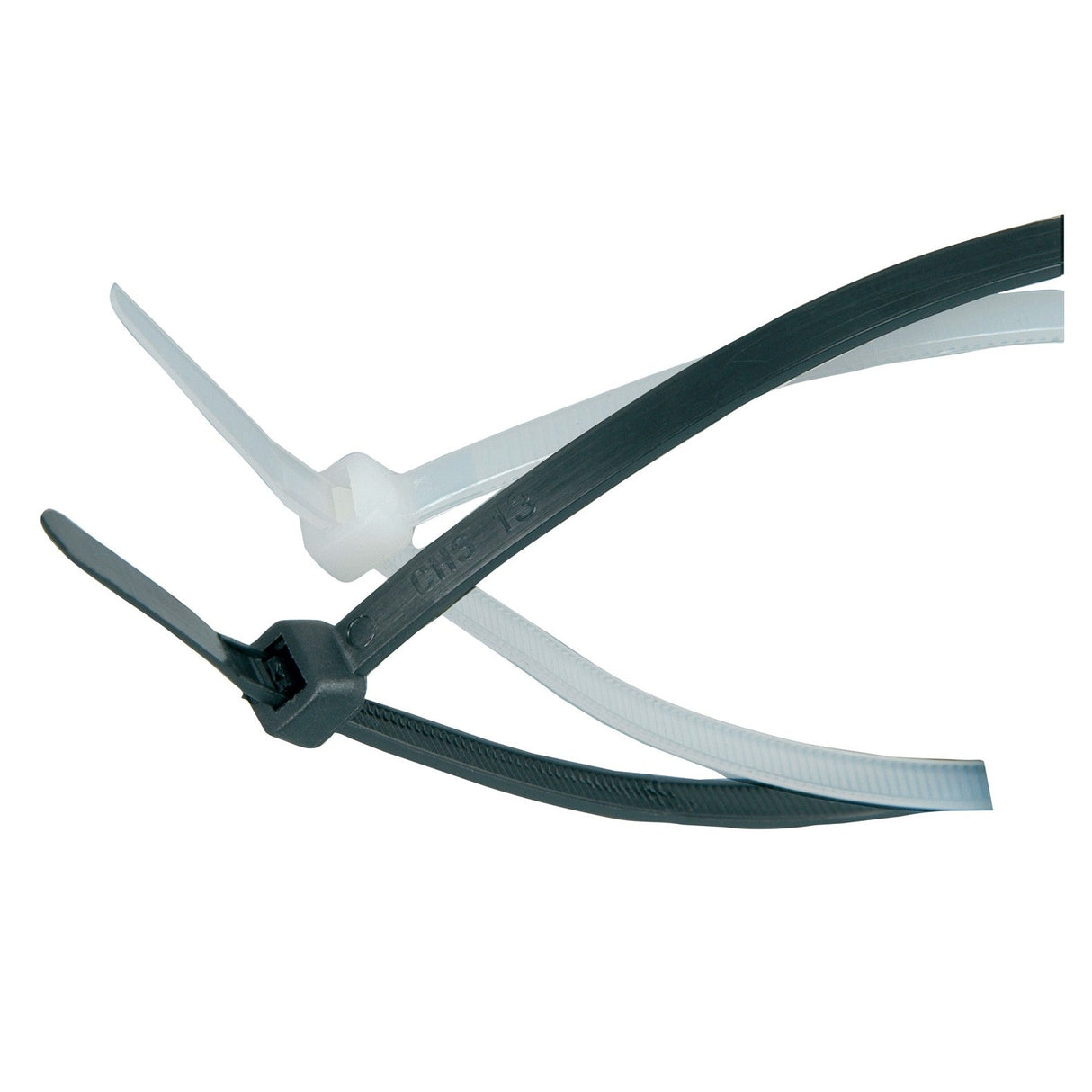 Close-up of two Mercury Cable Ties, one black and one white, both partially fastened. The ties are placed on a plain white background, highlighting their strong serrated and locking mechanisms.