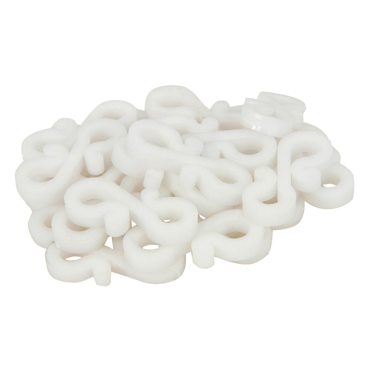 A set of LYYT Gutter Hooks, packaged in 25 pieces and crafted from white plastic in an S-shape, rests on a plain white background, mirroring the straightforward design of curtain hooks while promising to securely hold decorative lighting.