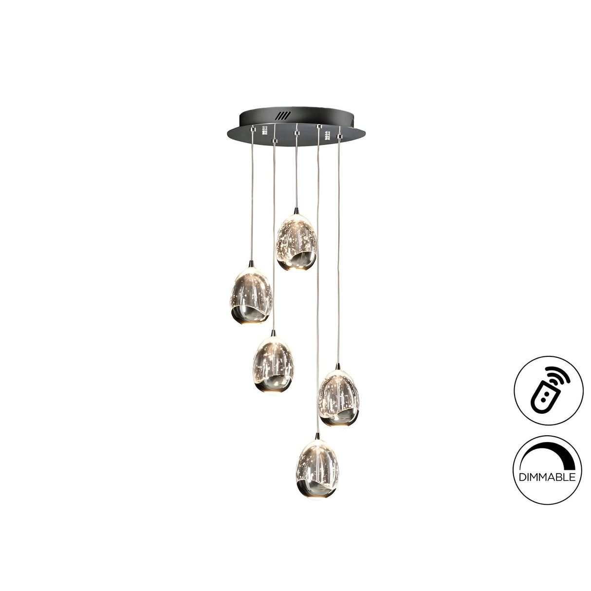 Rocio 5 Light Dimmable LED Glass Cluster Pendant Light – Chrome (With Remote Control)