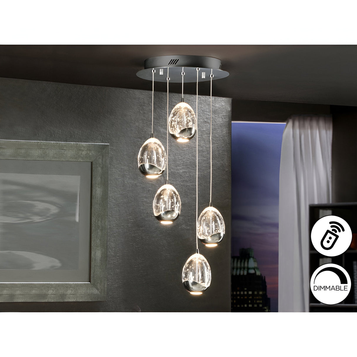 Rocio 5 Light Dimmable LED Glass Cluster Pendant Light – Chrome (With Remote Control)