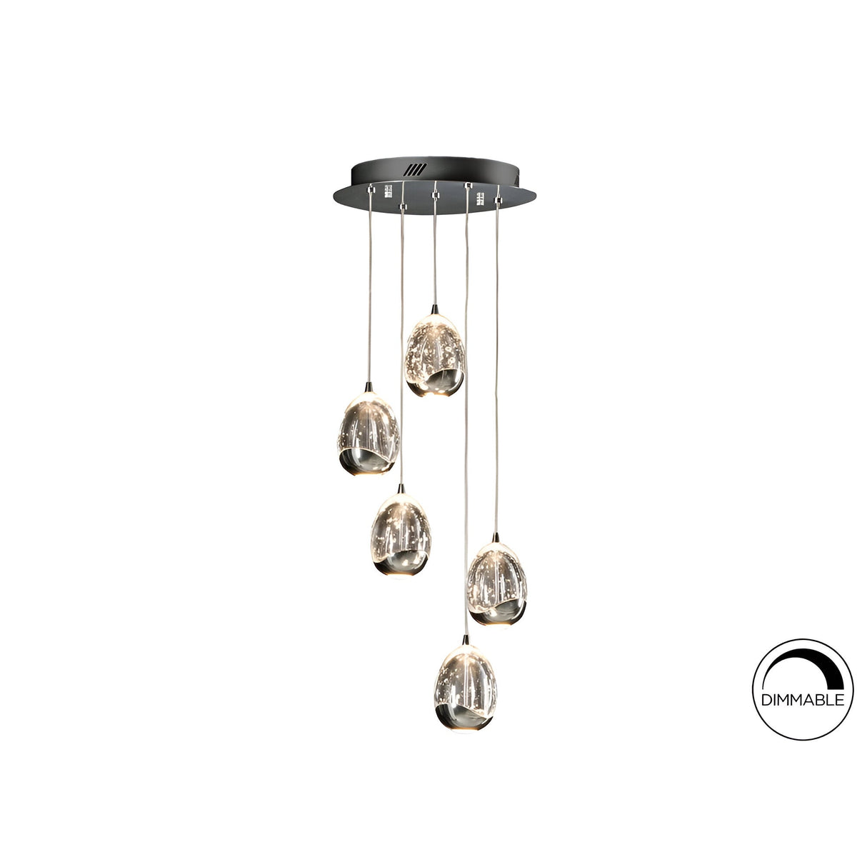Rocio 5 Light Dimmable LED Glass Cluster Pendant Light 25W 3000K - Chrome