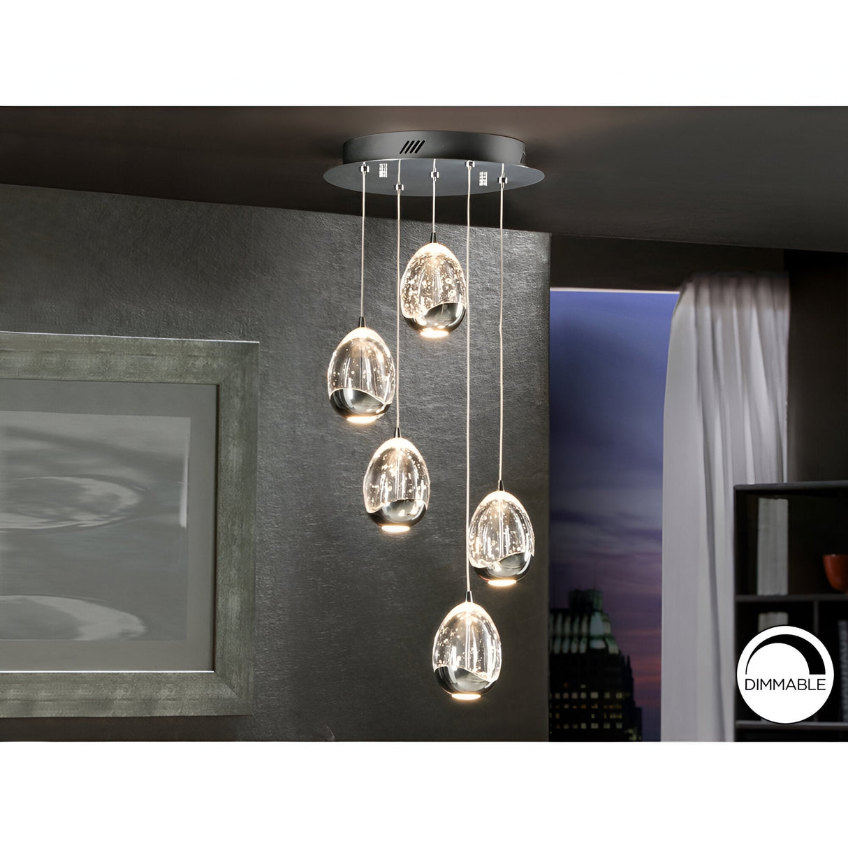 Rocio 5 Light Dimmable LED Glass Cluster Pendant Light 25W 3000K - Chrome