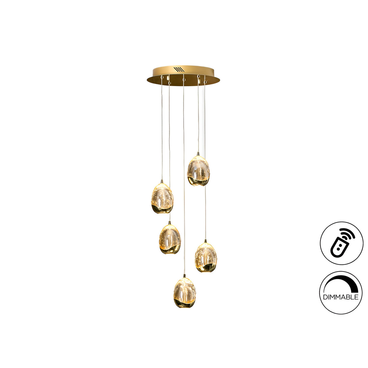 Rocio 5 Light Dimmable LED Glass Cluster Pendant Light - Champagne (With Remote Control)