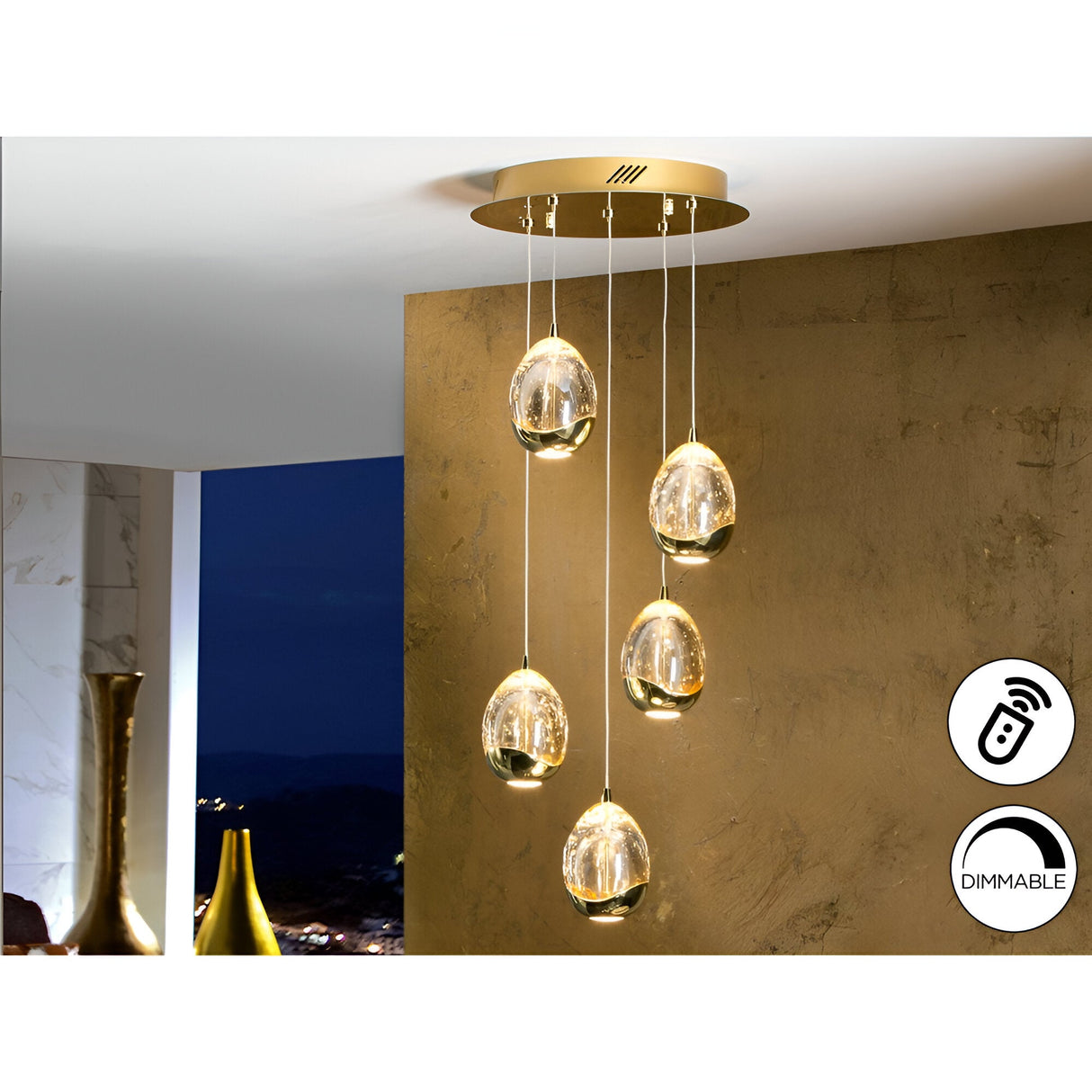 Rocio 5 Light Dimmable LED Glass Cluster Pendant Light - Champagne (With Remote Control)