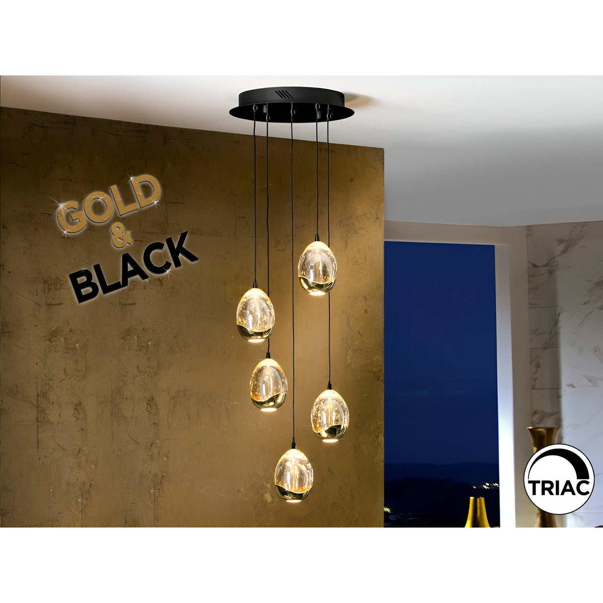 Rocio 5 Light Dimmable LED Glass Cluster Pendant Light 25W 3000K - Gold