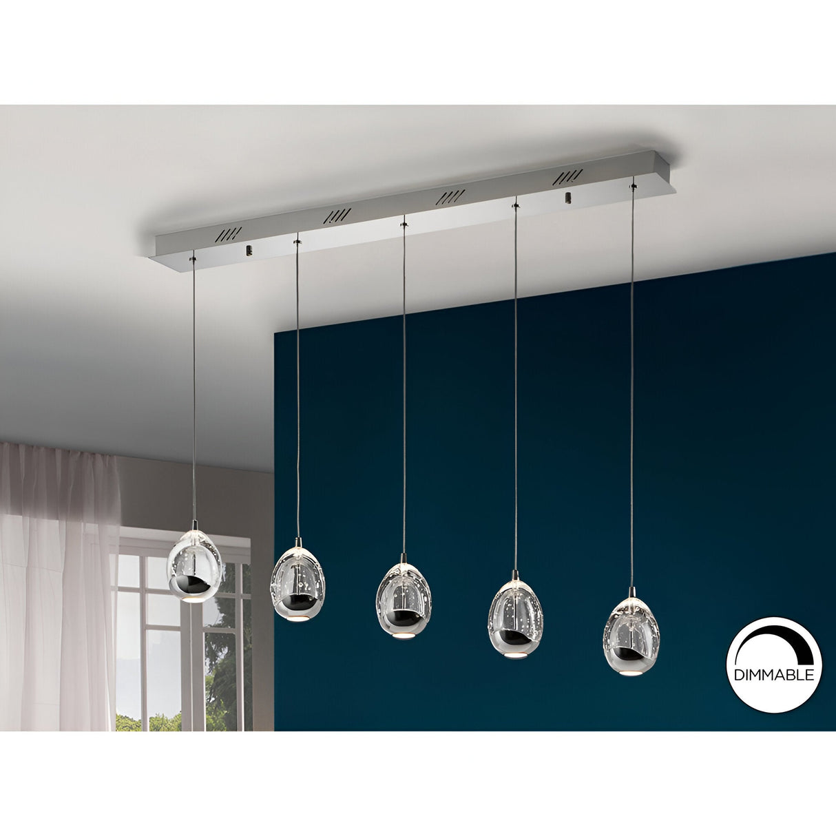 Rocio 5 Light Dimmable LED Glass Bar Pendant 25W 3000K - Chrome