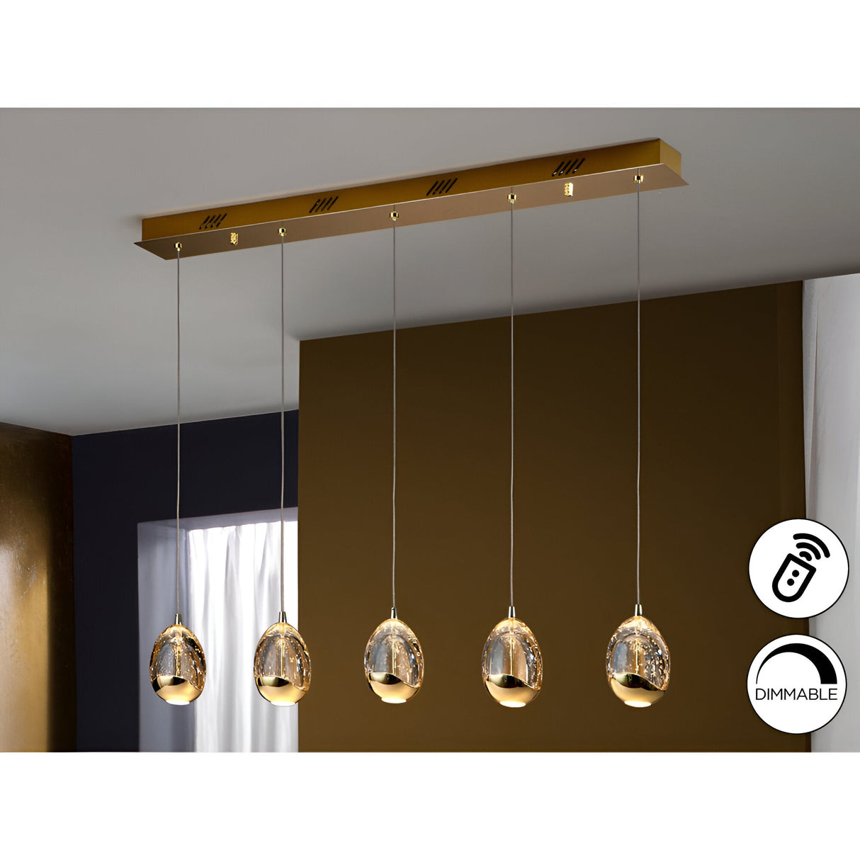 Rocio 5 Light Dimmable LED Glass Bar Pendant - Gold (With Remote Control)