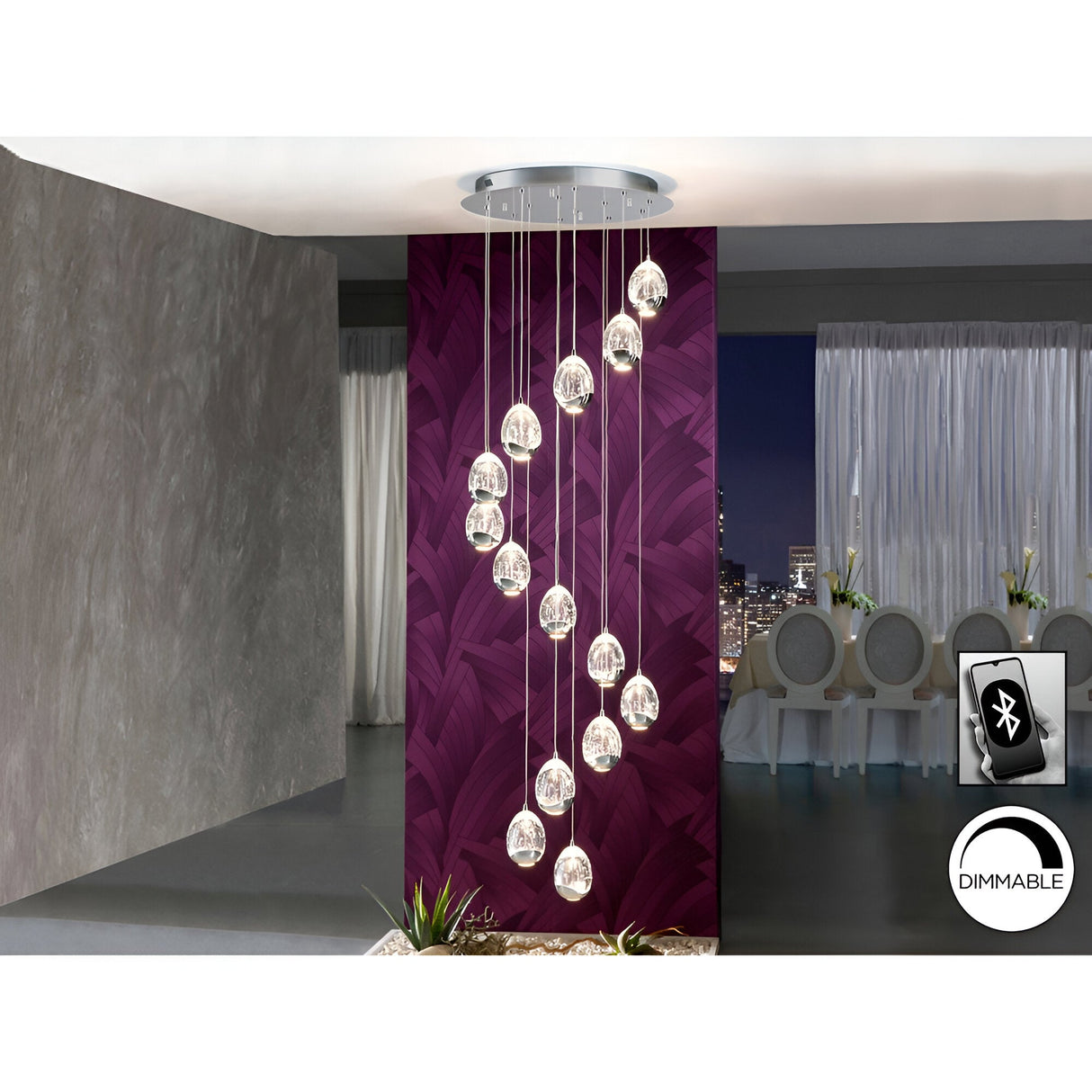 Rocio 14 Light Dimmable LED Small Glass Cluster Pendant Light 70W 3000K - Silver