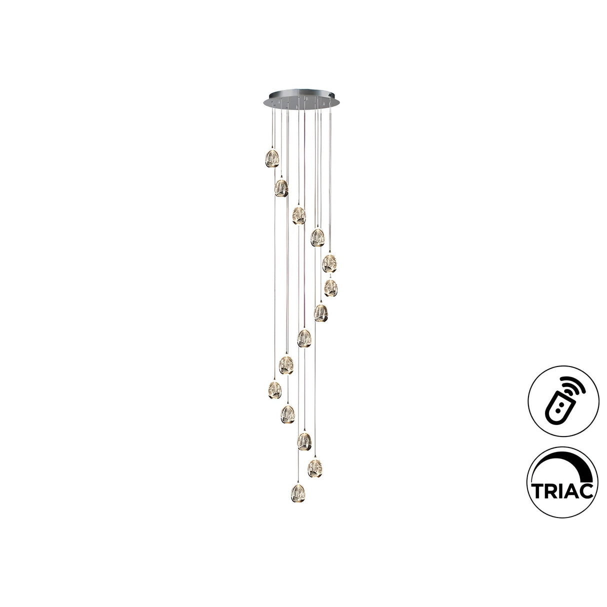 Rocio 14 Light Dimmable LED Large Glass Cluster Pendant Light - Chrome (With Remote Control)