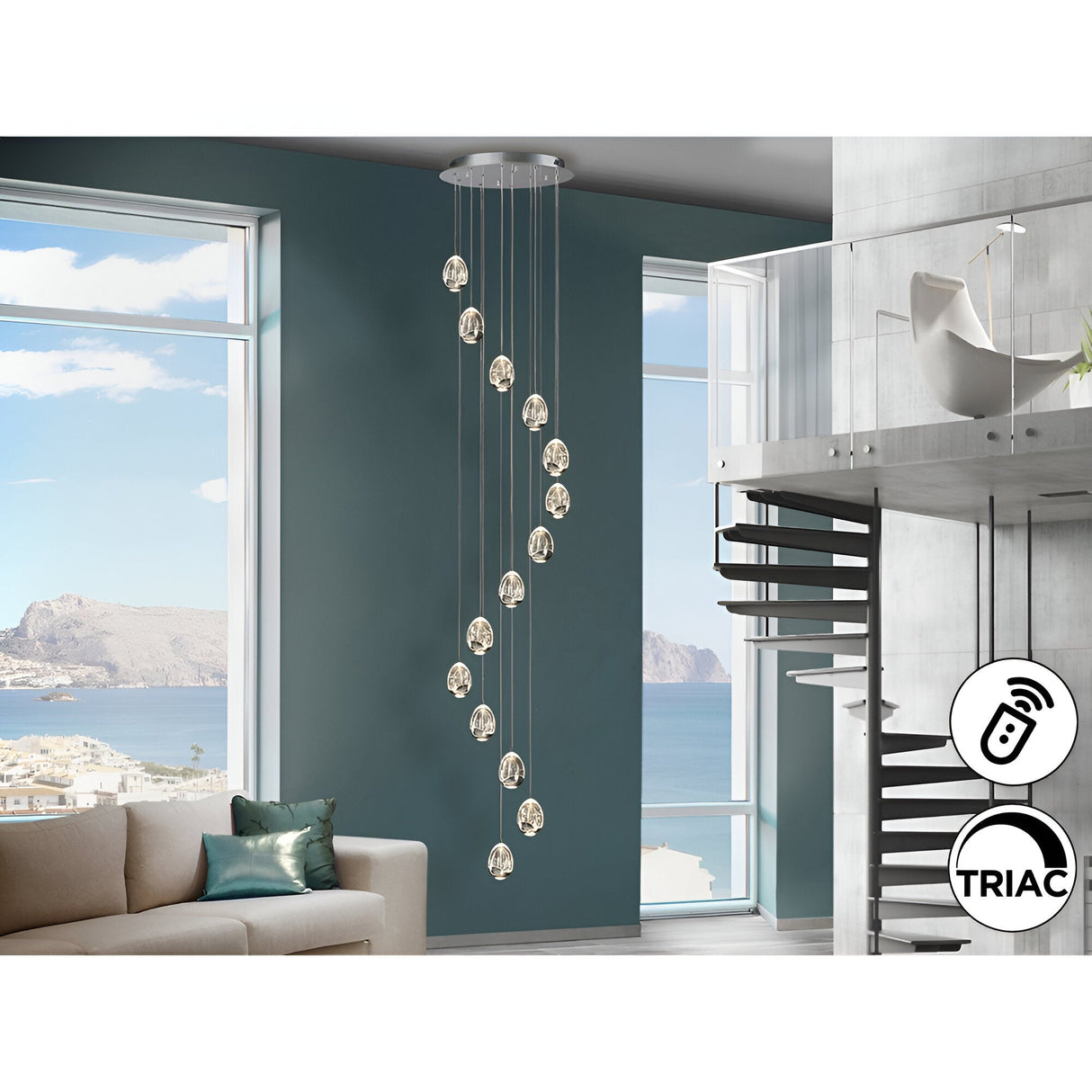 Rocio 14 Light Dimmable LED Large Glass Cluster Pendant Light - Chrome (With Remote Control)