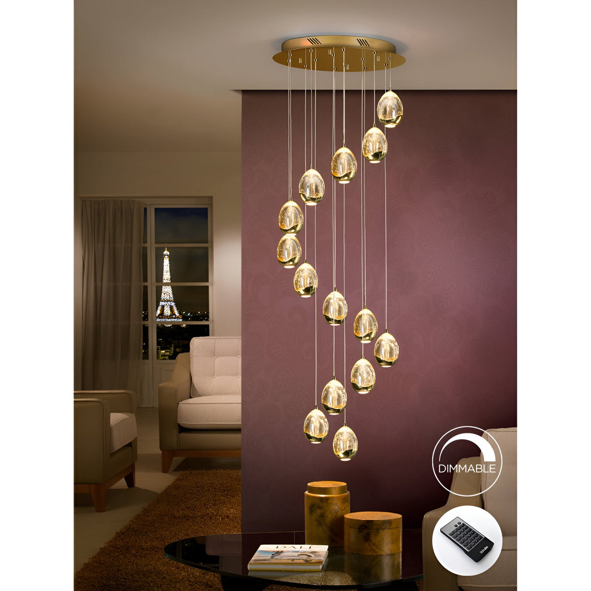 Rocio 14 Light Dimmable LED Glass Cluster Pendant Light 70W 3000K - Gold