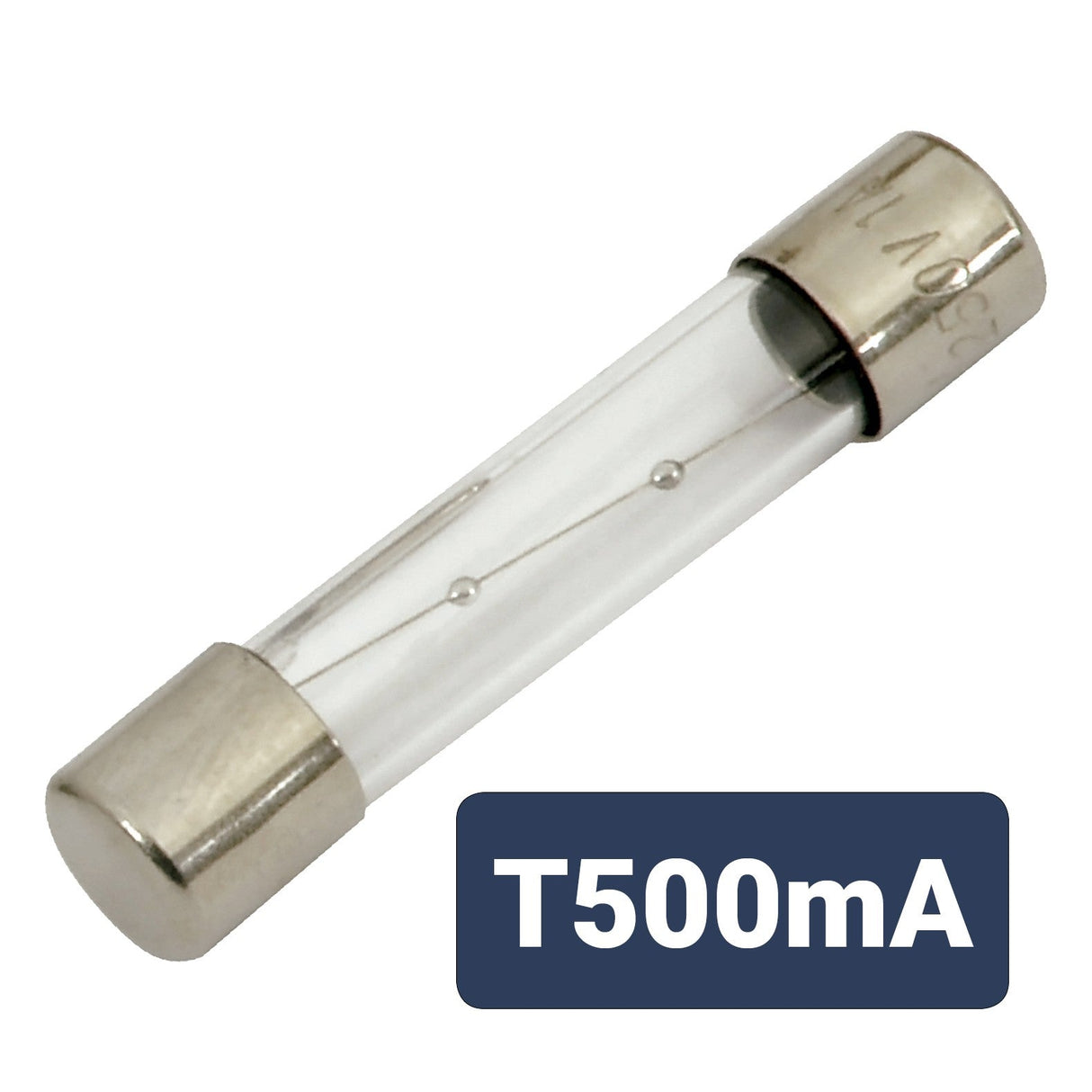 The image shows a Mercury 6 x 32mm T500mA slow blow fuse with metal end caps. A label near the fuse displays T500mA in white text on a dark blue background.