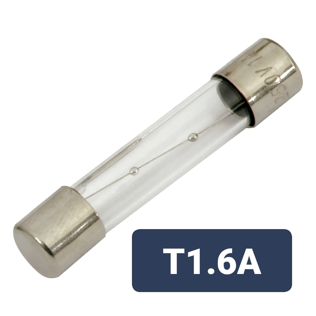 A Mercury 6 x 32mm T1.6A slow blow fuse with metal end caps lies on its side. A label below reads T1.6A, indicating it is a time-delay fuse designed for overcurrent protection.