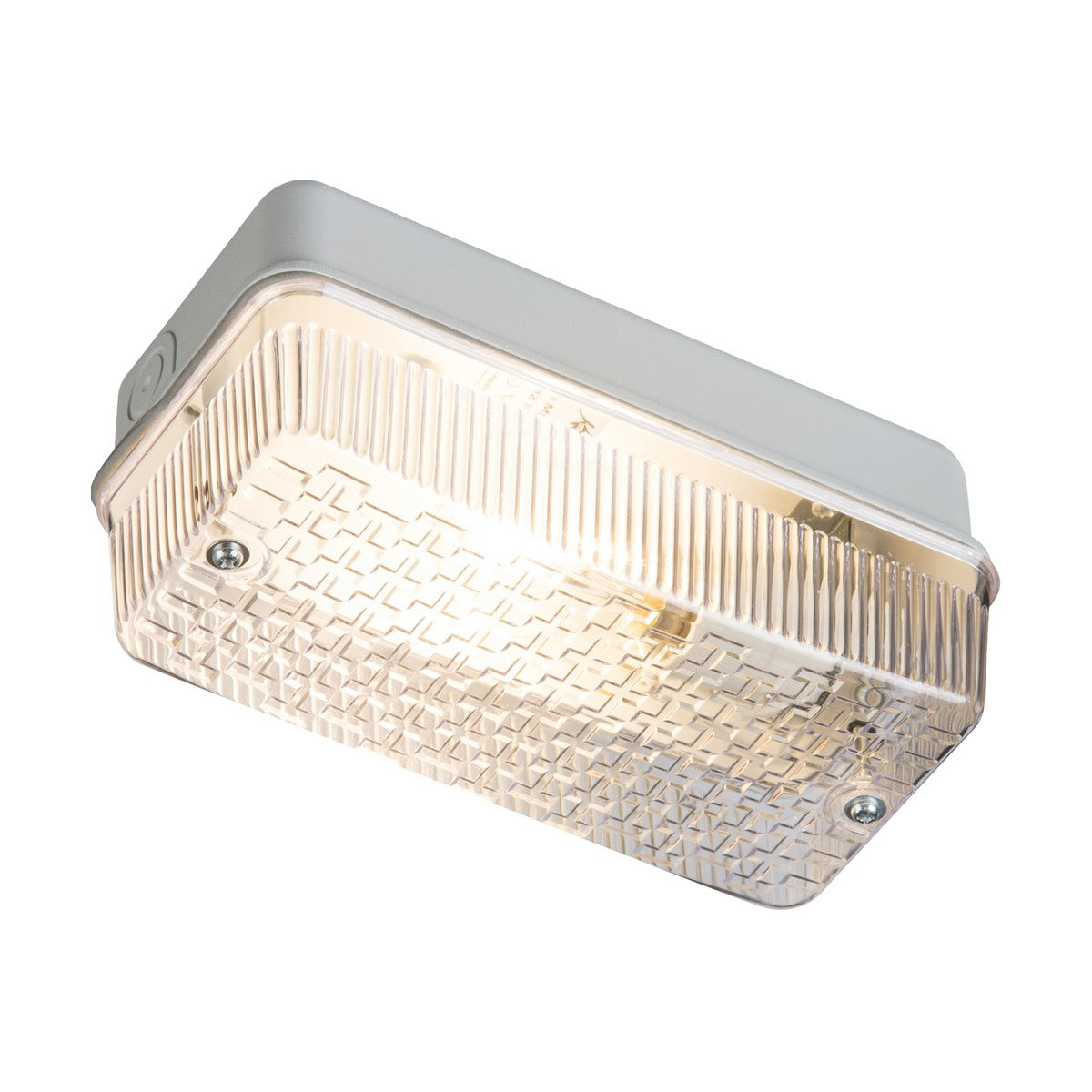 Introducing the 100W Outdoor Bulkhead in Silver, a rectangular ceiling light fixture with a ribbed, transparent cover and a white base. It is illuminated to reveal its metal screws on the sides. This dimmable model boasts a robust B22 bulkhead design, perfectly balancing style and utility.