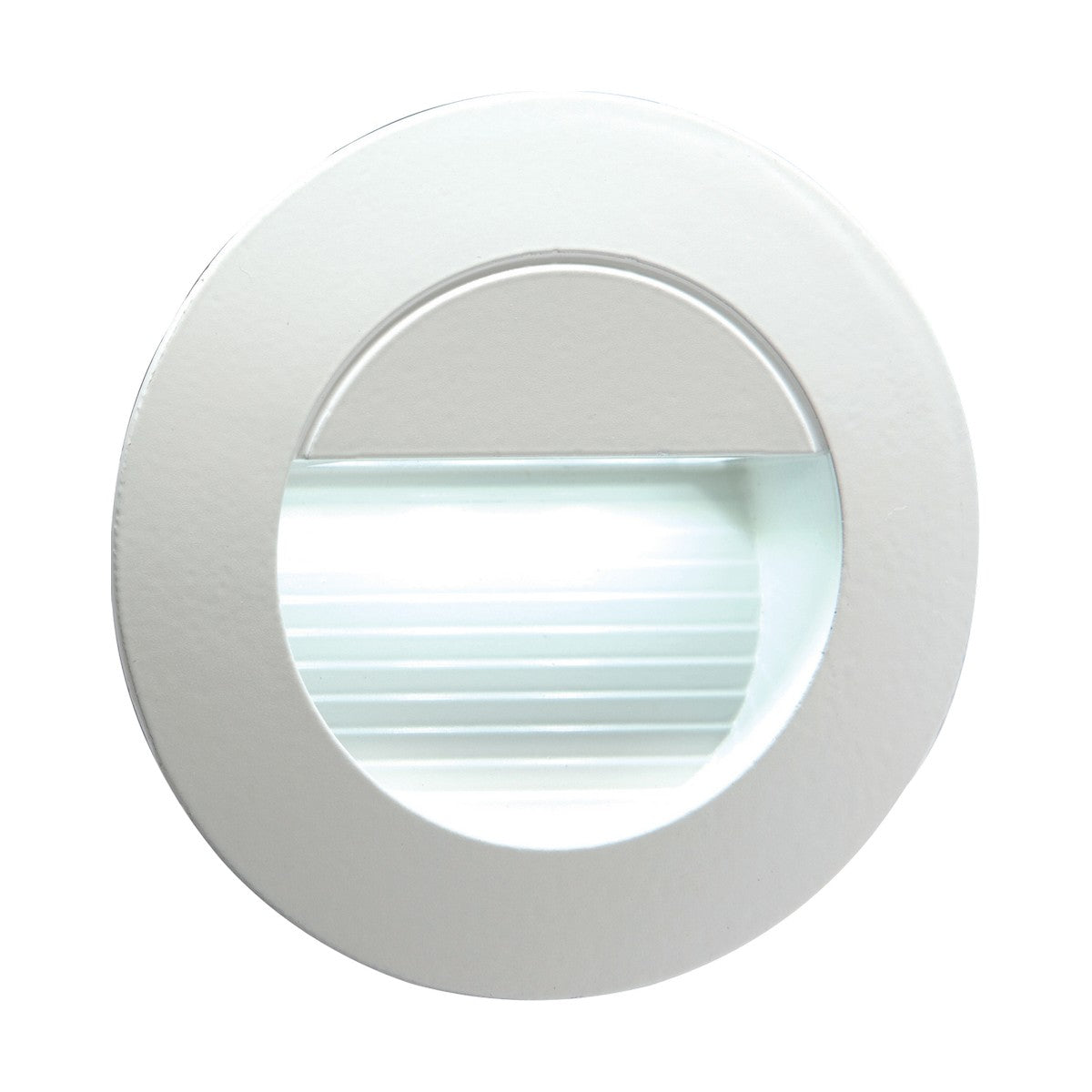 The Recessed Round Outdoor LED Wall Light is a stylish and reliable choice for your steps, featuring a round design with a horizontal striped pattern in the center. Crafted from durable die-cast aluminum, it comes set against a bright white background and offers an IP54 rating for added assurance.