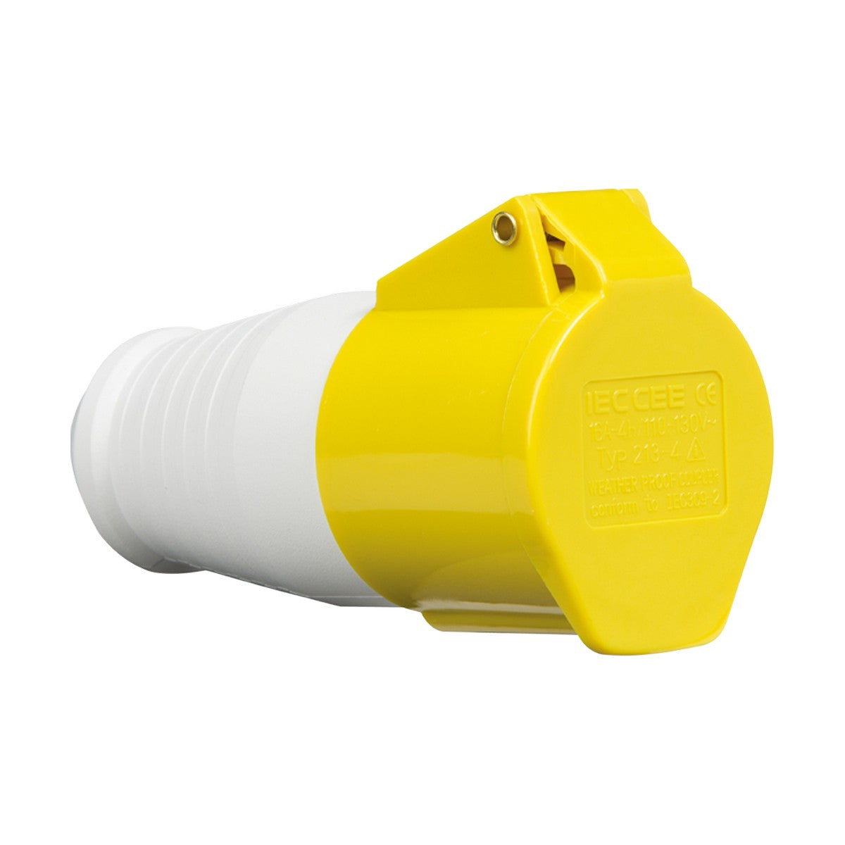 The 16A 2 Pole Earth Connector, in yellow and white, is an IP44-rated industrial power plug. Its designed for electrical connections with a hinged cap, operates at 110V, and features visible technical markings on its cylindrical yellow part.