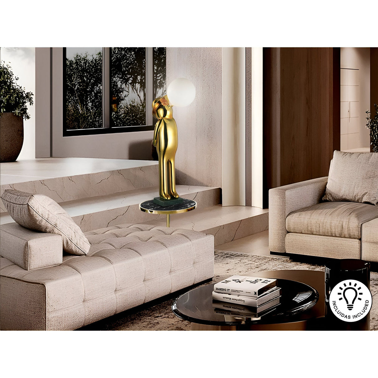 Mr. Bubble Gold Sculpture With LED Sphere Light - 82cm