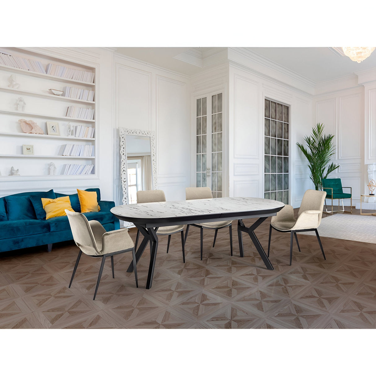 Antea 8-10 Seater Wood & Metal Extendable Dining Table – White Marble