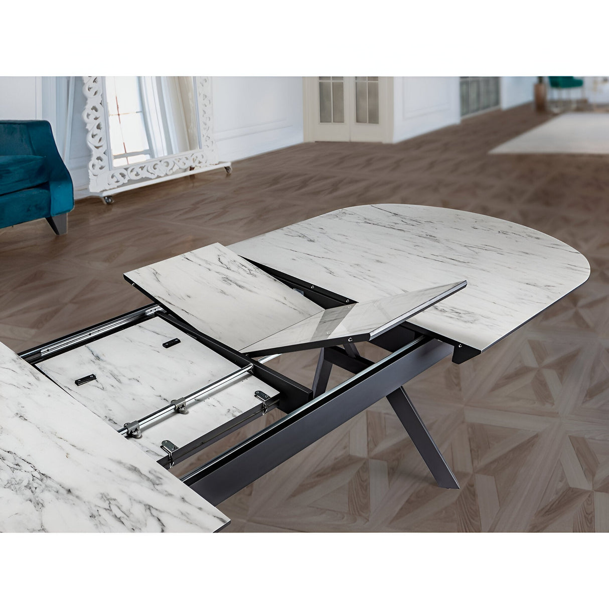 Antea 8-10 Seater Wood & Metal Extendable Dining Table – White Marble