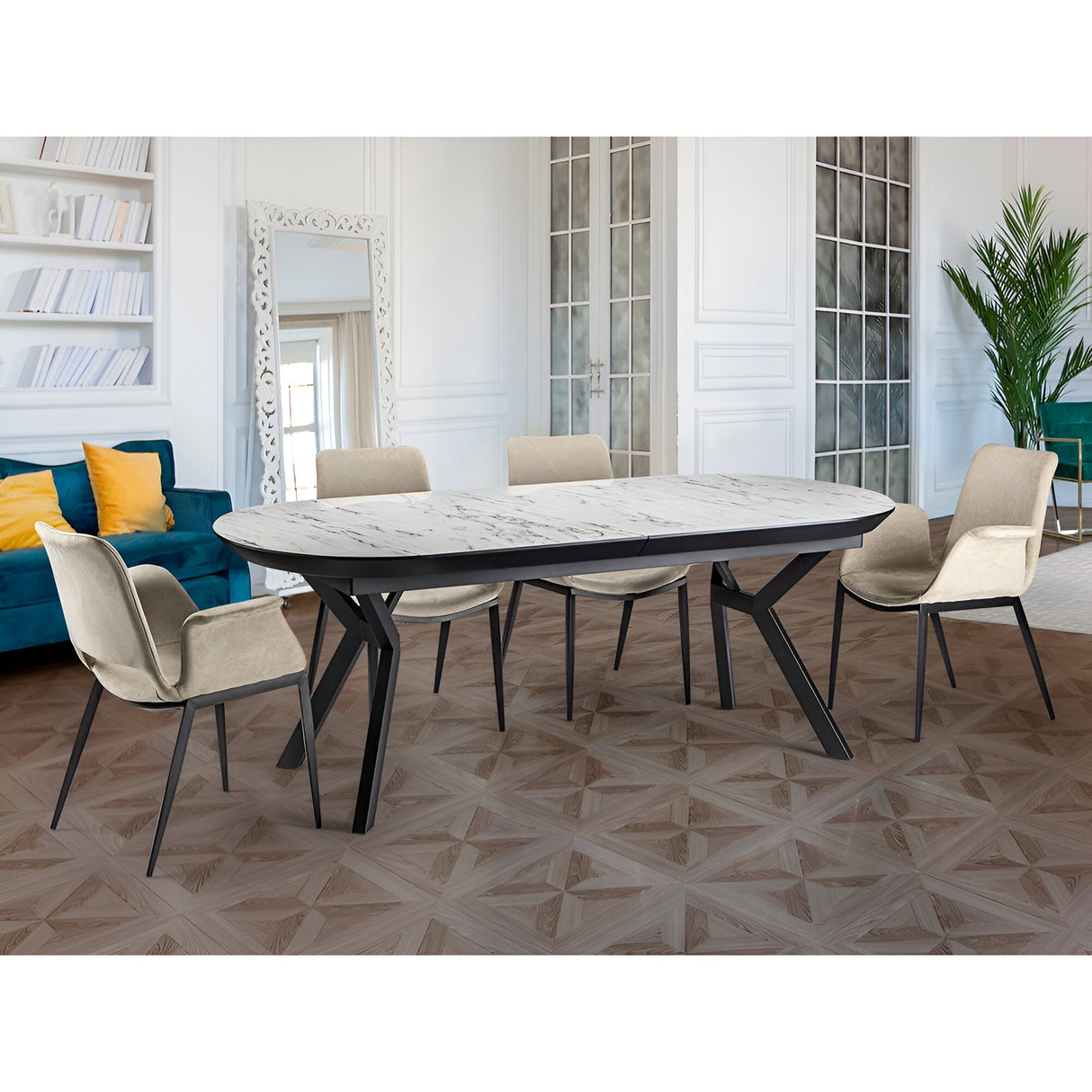 Antea 8-10 Seater Wood & Metal Extendable Dining Table – White Marble