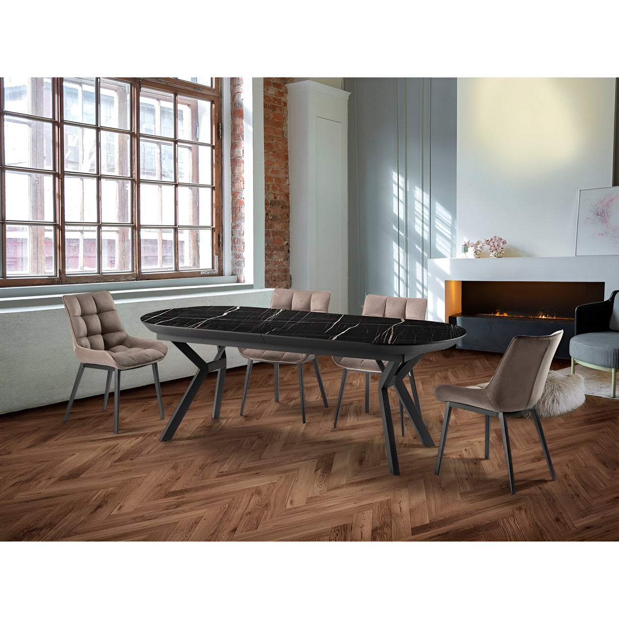 Antea 8-10 Seater Wood & Metal Extendable Dining Table – Black Marble