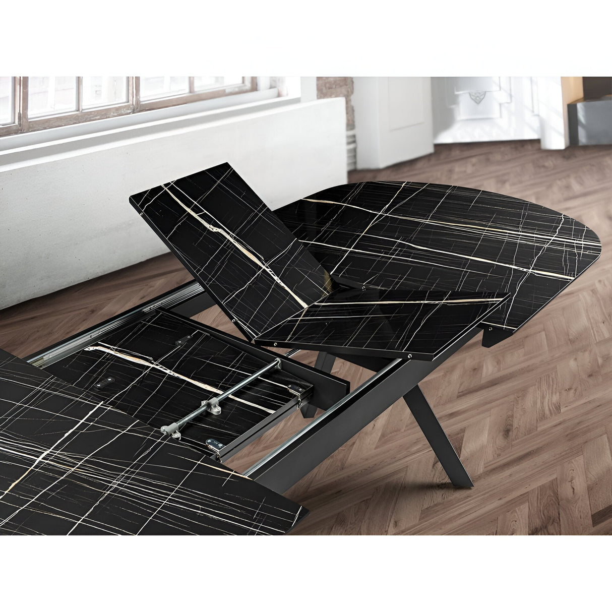 Antea 8-10 Seater Wood & Metal Extendable Dining Table – Black Marble