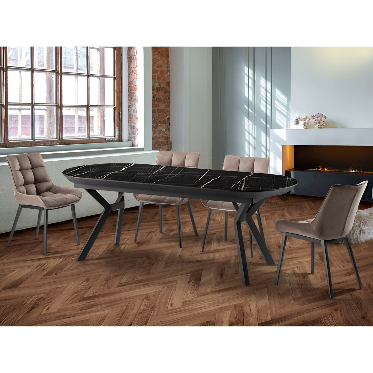 Antea 8-10 Seater Wood & Metal Extendable Dining Table – Black Marble