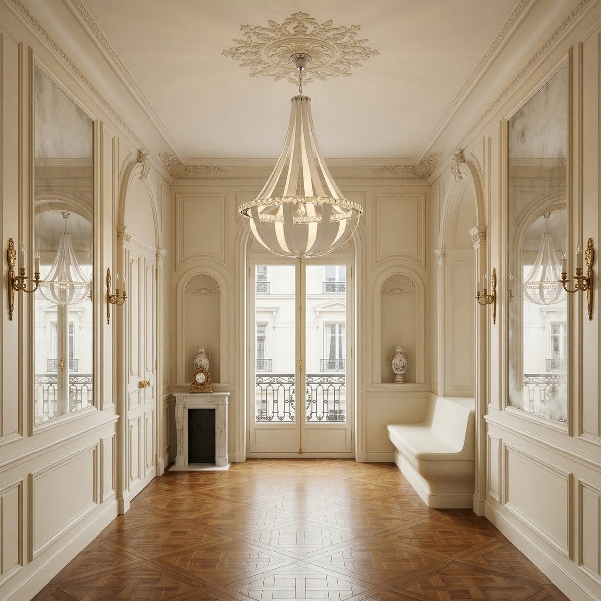A bright, elegant hallway with ornate cream walls, large mirrors, carved moldings, parquet wood flooring, a decorative fireplace, a built-in white bench near tall windows, and a Tessaro LED K9 Crystal & Leather Small Chandelier in white.