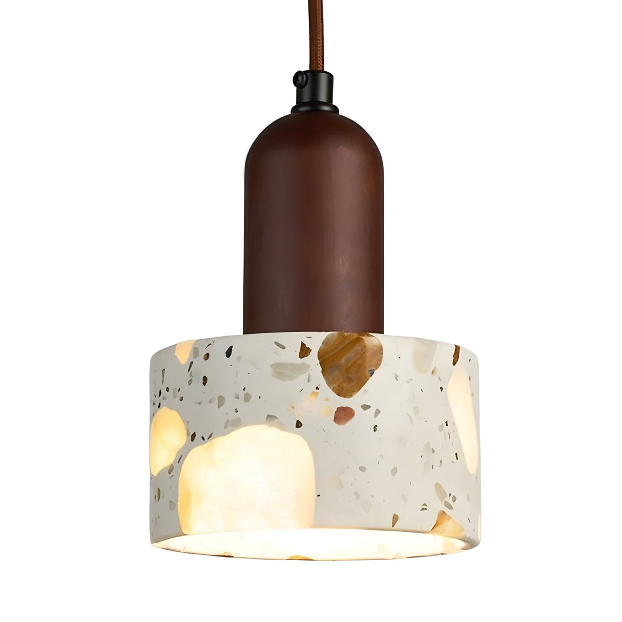 The Terroso 1 Light Drum Travertine Pendant Light in walnut brown and light beige features a modern design with a cylindrical upper section and terrazzo-patterned shade, suspended from a matching brown cord.