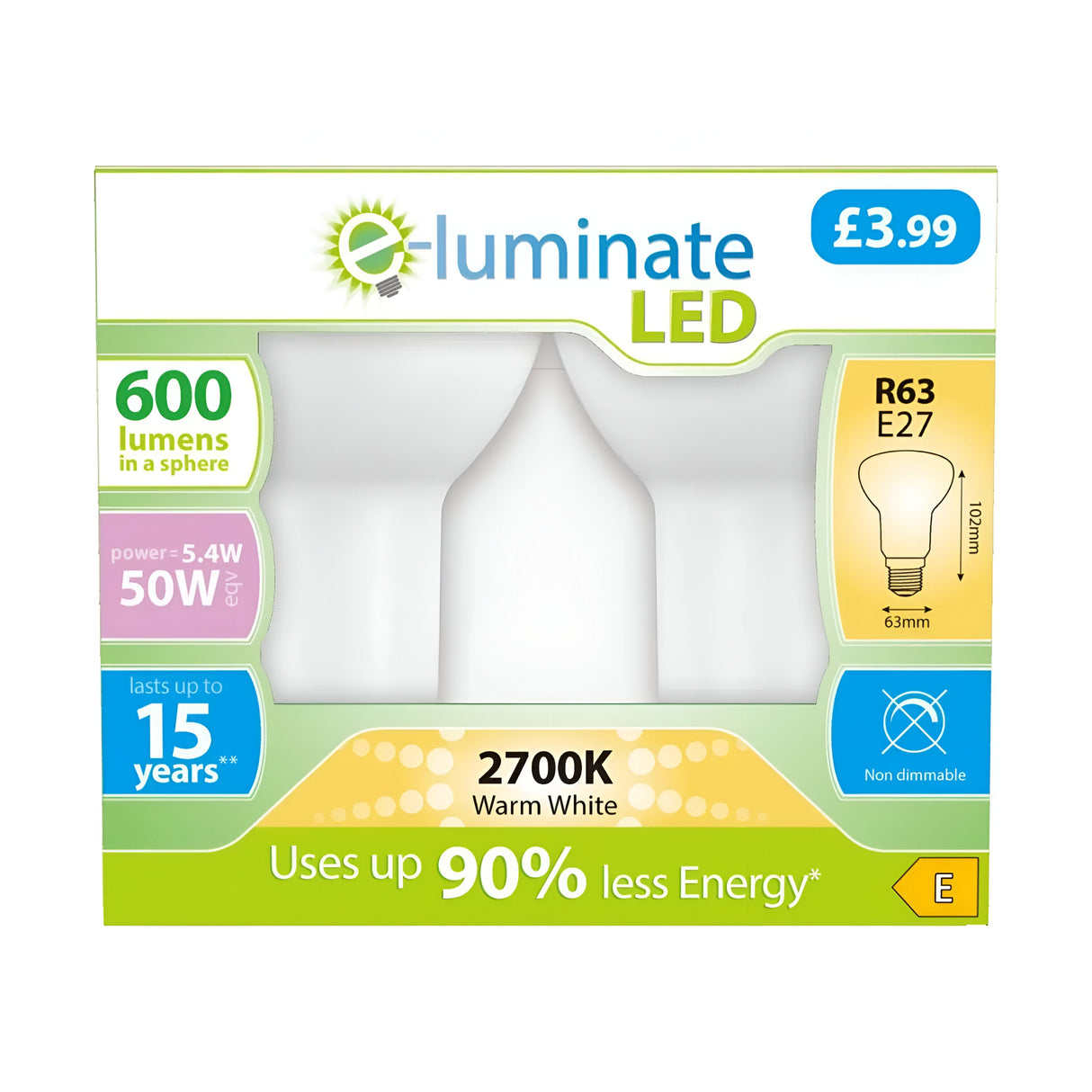 A box of E-Luminate 5.4W Non-Dimmable R63 LED Reflector Bulbs, priced at £3.99, contains a bulb that emits a warm white glow of 600 lumens at 2700K, offers energy savings of 90%, and has a lifespan of up to 15 years. It comes in an E27 fitting and is non-dimmable.