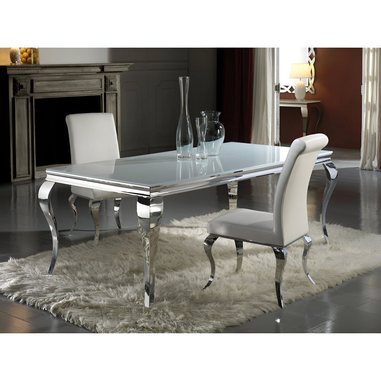 Barroque 8 Seater Glass & Stainless Steel Dining Table – Silver