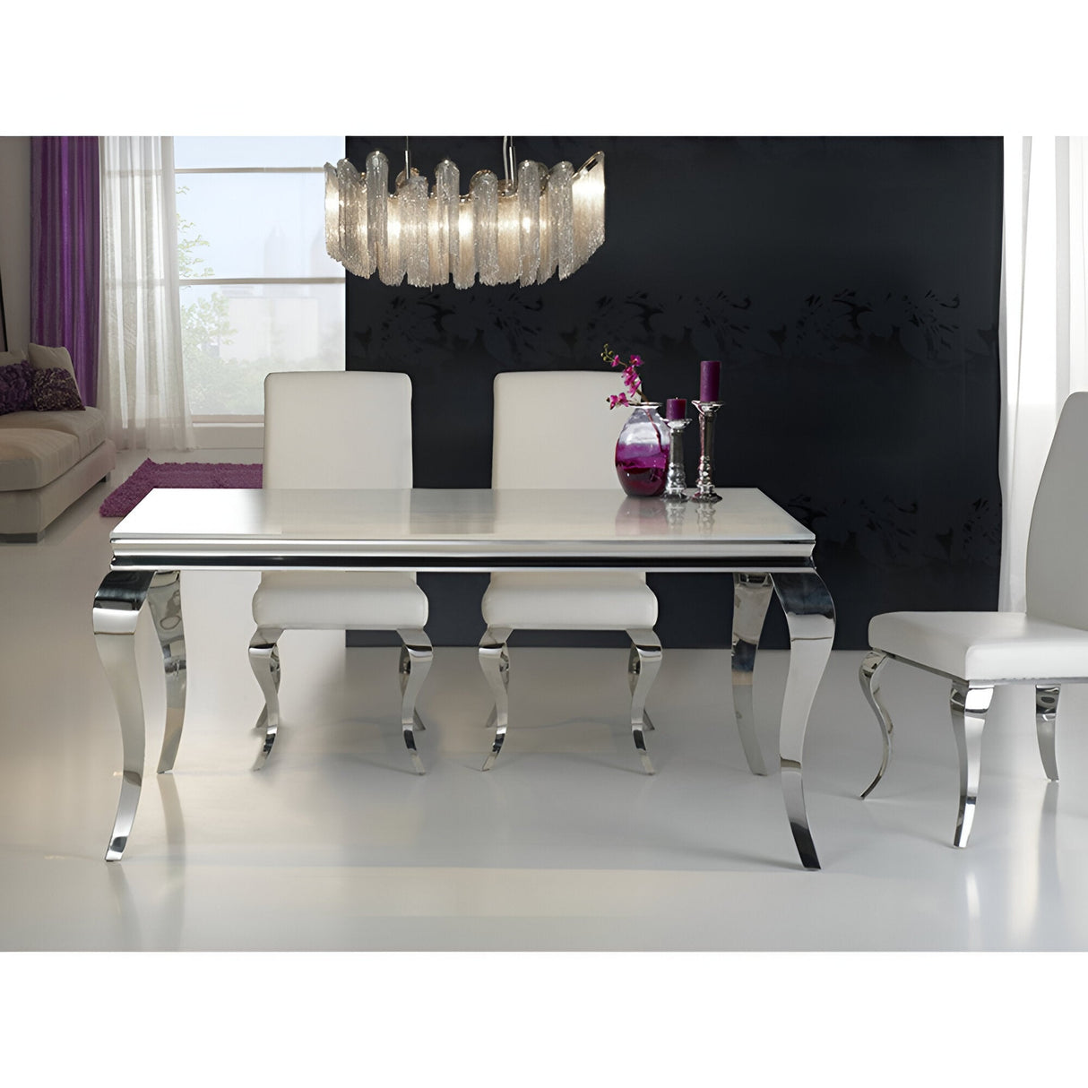 Barroque 6 Seater Glass & Stainless Steel Small Dining Table – Silver