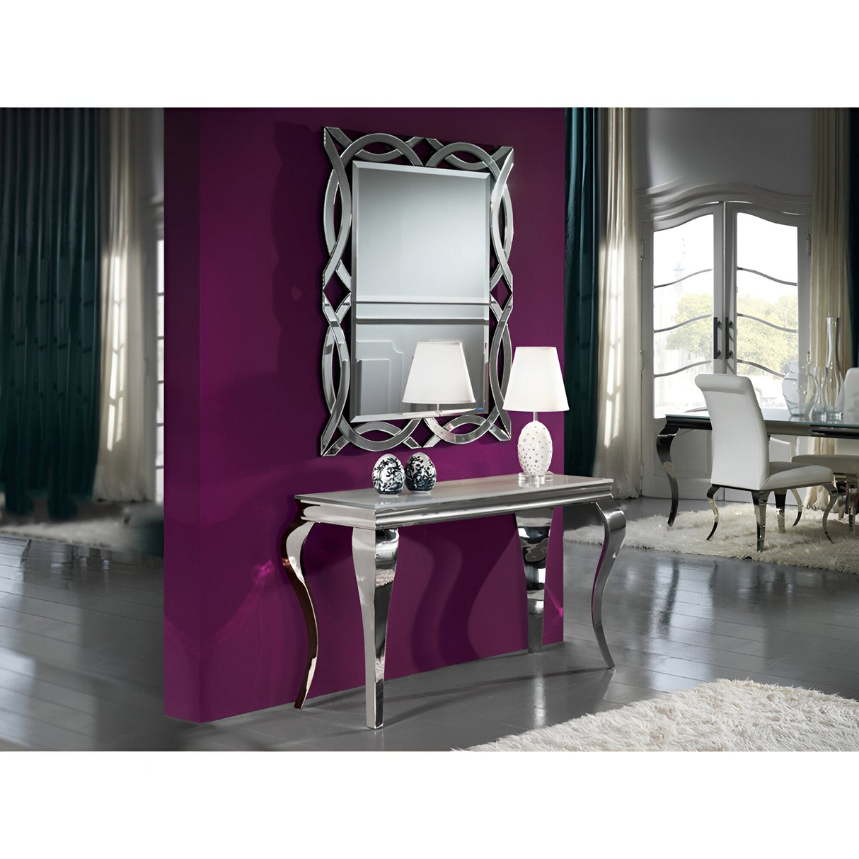 Barroque Stainless Steel & Glass Console Table - Silver