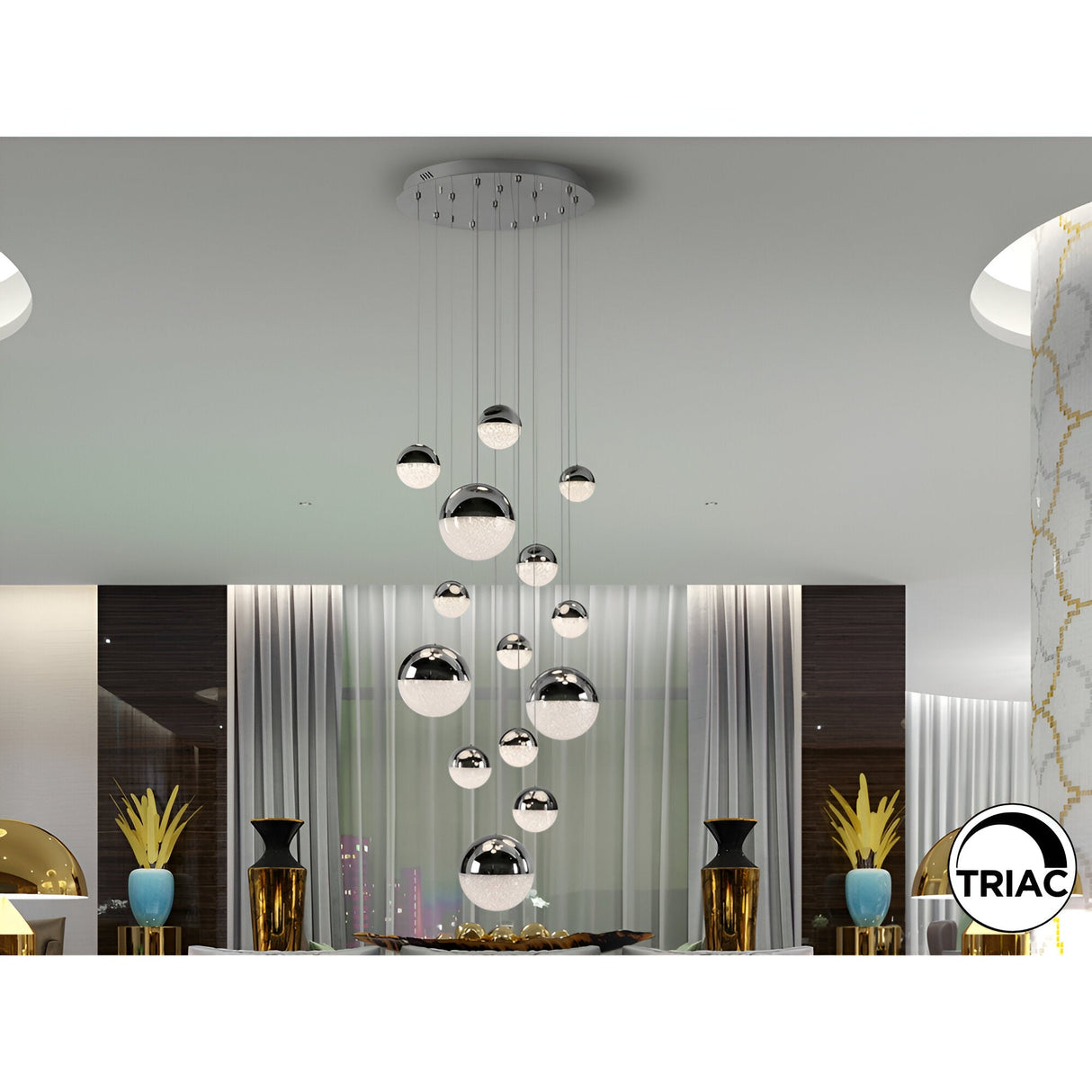 Sphere 14 Light Dimmable LED Large Cluster Pendant Light 78W 3000K - Chrome