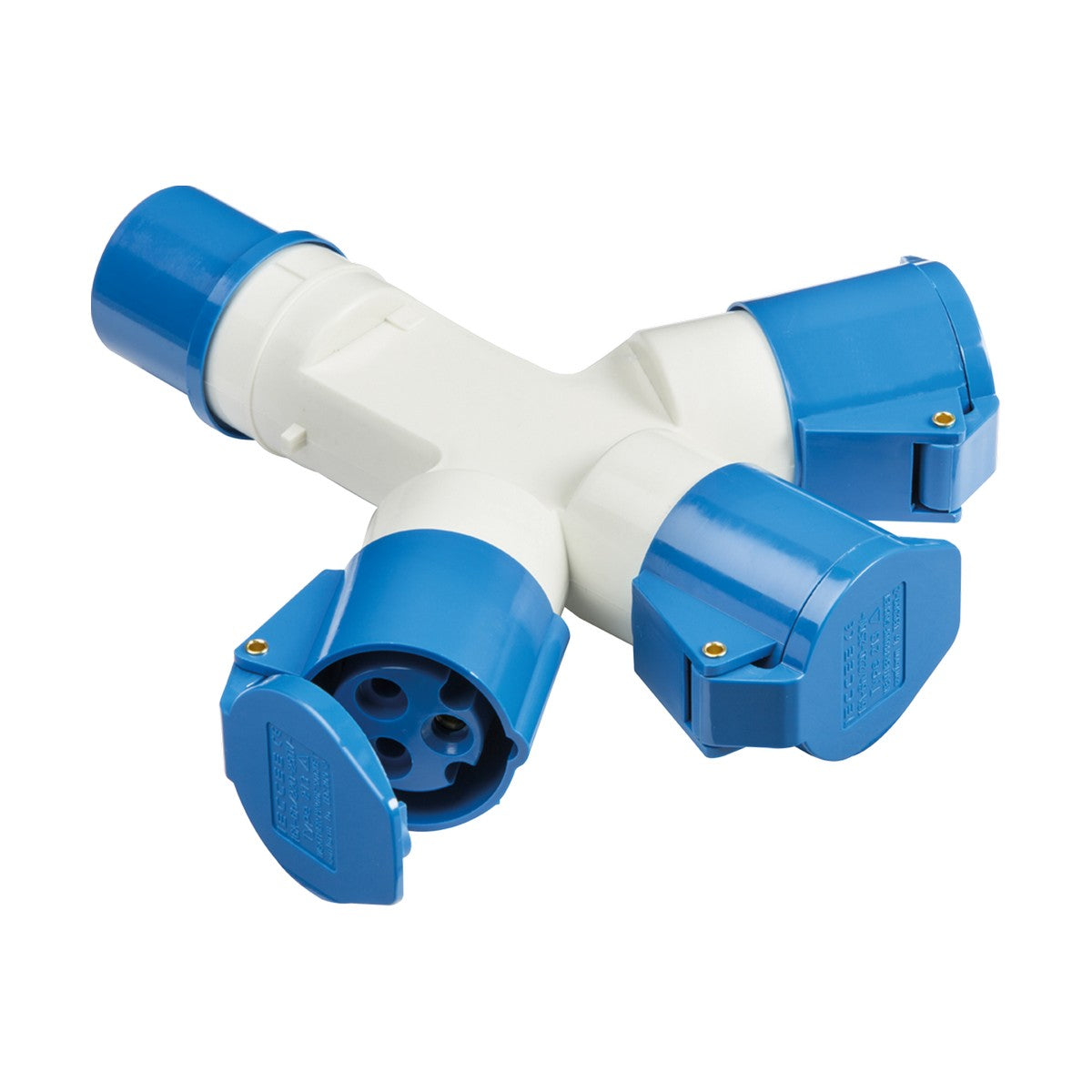 The 16A 2 Pole Earth 3 Way Splitter - Blue & White is a 240V industrial splitter featuring three blue sockets against a white body. Its IP44 rated, has protective caps, and displays one fully open socket with two partially revealing circular prongs inside.