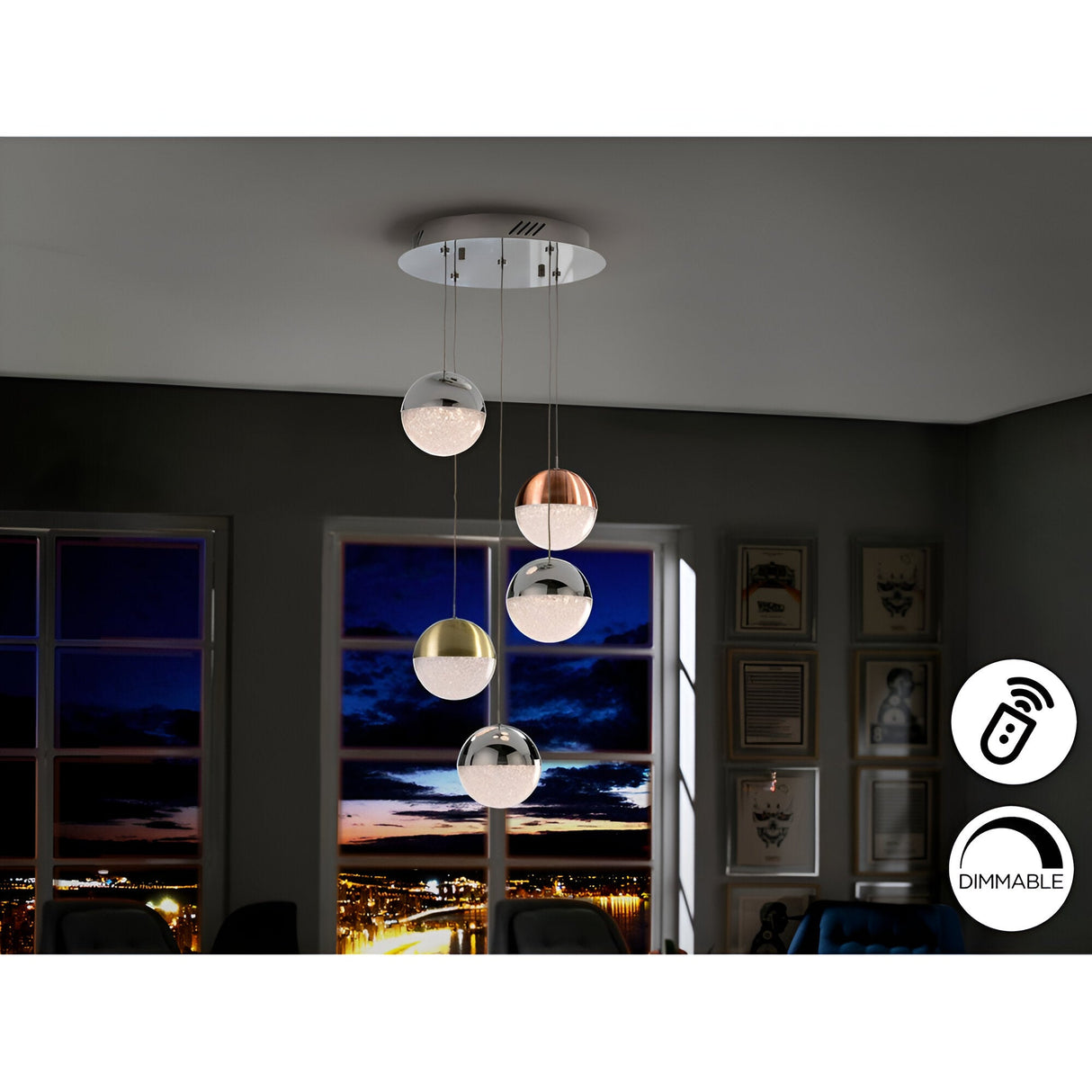 Sphere 5 Light Dimmable LED Cluster Pendant Light - Multicoloured (With Remote Control)