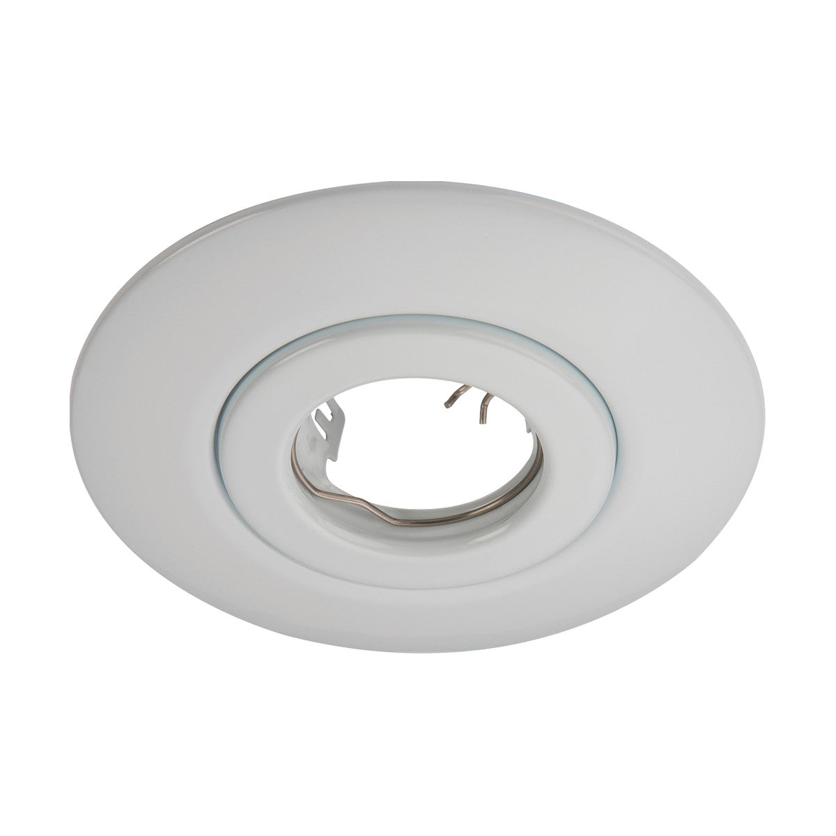 Overhead view of the White Hole Converter Kit, a recessed ceiling light fixture featuring a circular frame and a central opening for a GU10 Mains Lampholder. Its pressed steel design ensures easy installation in ceilings, providing a modern and sleek lighting solution.