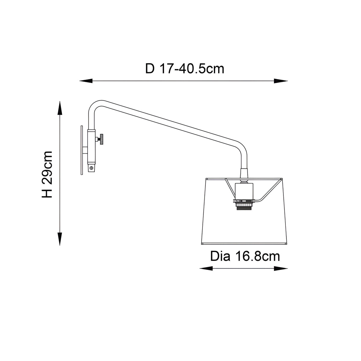 Endon Bevbourne plug-in wall light dimension diagram showing 29cm height, adjustable 17–40.5cm projection swing arm, and 16.8cm diameter tapered shade.