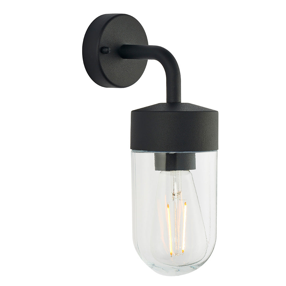 Endon Castfield outdoor wall light in matt black with a clear glass cylindrical shade, curved arm bracket and visible E27 filament bulb, on a white background.