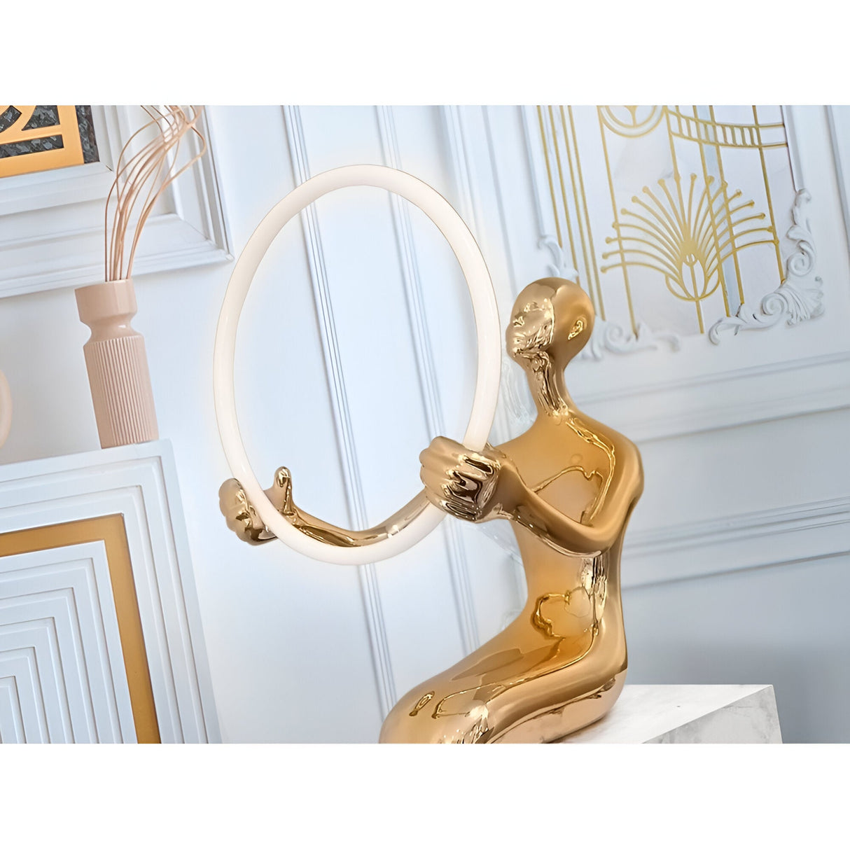 El Aro Gold Marble Pedestal Sculpture With LED Ring Light - 160cm