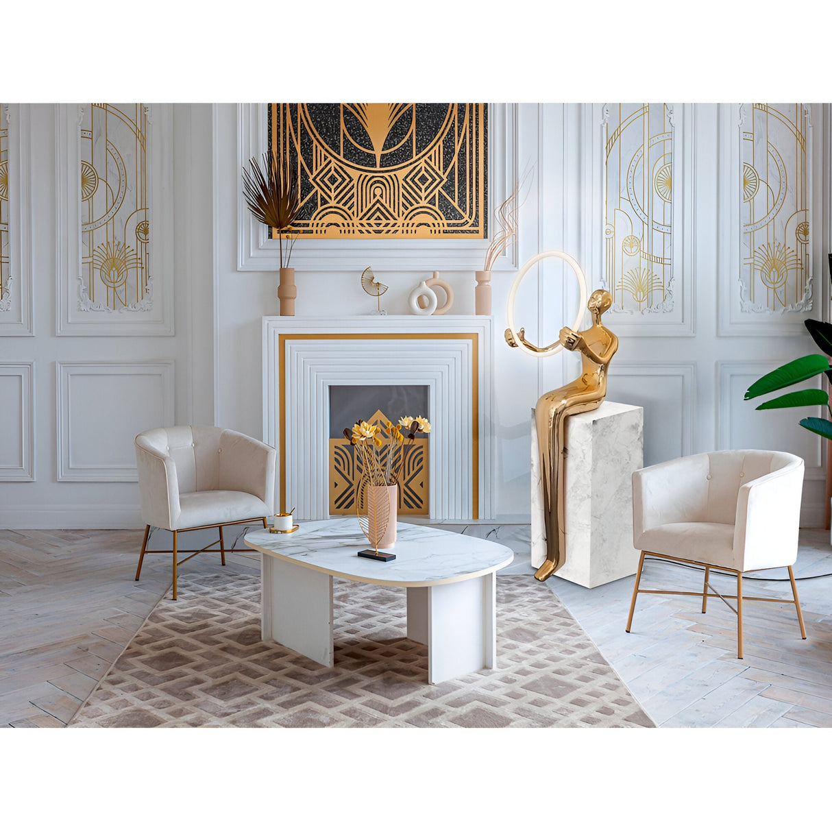 El Aro Gold Marble Pedestal Sculpture With LED Ring Light - 160cm