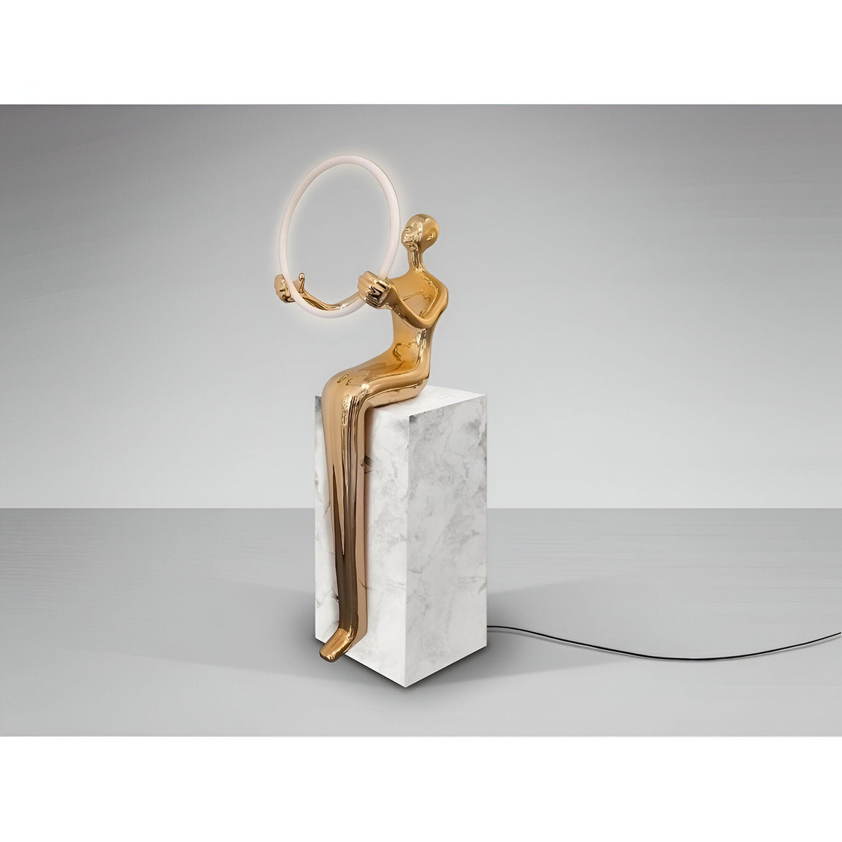 El Aro Gold Marble Pedestal Sculpture With LED Ring Light - 160cm