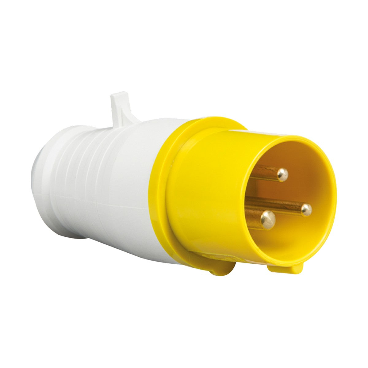 Close-up of a cylindrical three-pin 16A 2 Pole Earth Plug in yellow and white for 110V industrial use. The reliable connector, featuring a yellow front and white body, is showcased against a plain white background.