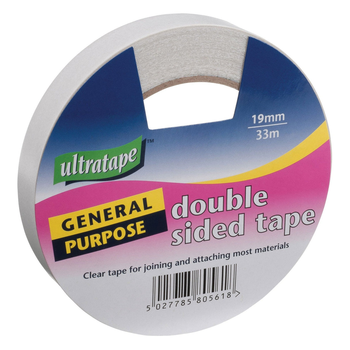 Ultratape Double Sided Tape - 19mm x 33M, featuring colorful packaging and a label indicating it’s a clear craft mounting tape suitable for joining and attaching most materials.