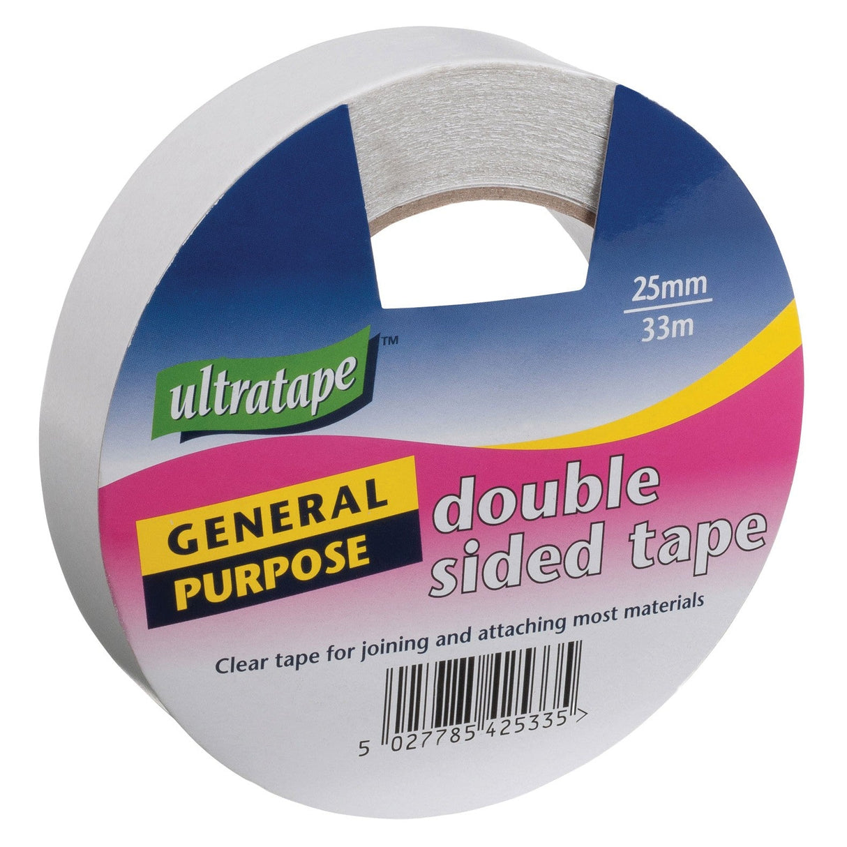 Ultratape Double Sided Tape - 25mm x 33M comes in pink and white packaging with green and yellow highlights. This versatile adhesive is ideal for joining, attaching most materials, and perfect for craft projects.